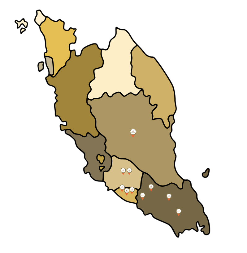 Map of Malaysia showing Rotimomz branches